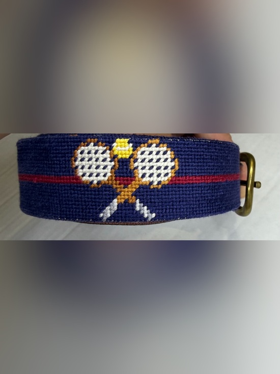 Smathers & Branson Other - Smathers & Branson Crossed Tennis Racquets Needlepoint Belt Size 32 Navy Brass